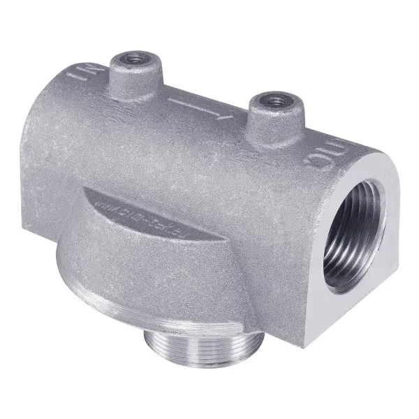 Adapter aluminiowy filtra FMT z dwoma otworami M6 i gwintem G 1 cala, widok zbliżony na strukturę materiału